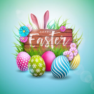 happy-easter-holiday-design-with-painted-egg-flower-and-rabbit-ears-on-vintage-wood-background-vector